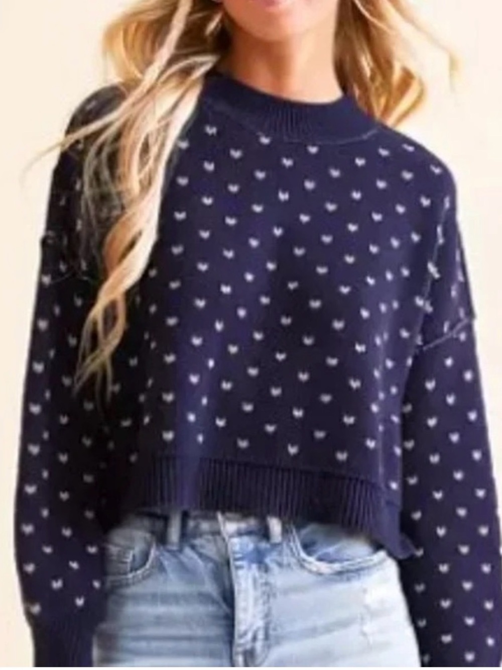 Free People Easy Street Patterned Cropped Sweater Navy Blue Large - Picture 2 of 5
